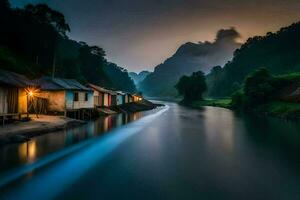 foto sfondo il cielo, montagne, fiume, Casa, il notte, il fiume, il montagne. ai-generato