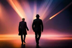 Due persone a piedi nel il buio con luminosa luci. ai-generato foto