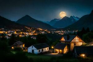 foto sfondo il Luna, notte, montagne, villaggio, Luna, il notte, il luna,. ai-generato