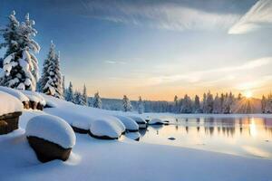 neve coperto rocce e alberi di un' lago. ai-generato foto