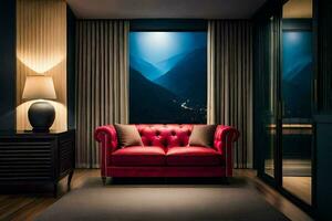 un' rosso divano nel un' camera con un' montagna Visualizza. ai-generato foto