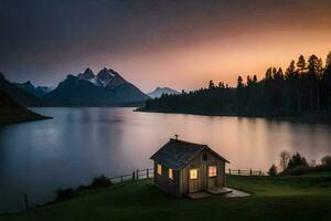 un' piccolo cabina si siede su il bordo di un' lago a tramonto. ai-generato foto