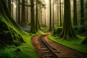 un' treno traccia nel il mezzo di un' foresta. ai-generato foto