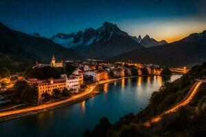 foto sfondo il cielo, montagne, fiume, città, notte, il città, il città,. ai-generato