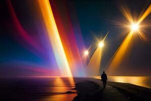 un' uomo a piedi lungo il spiaggia con un' luminosa leggero splendente su lui. ai-generato foto