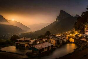 un' villaggio a tramonto nel il montagne. ai-generato foto