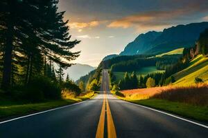 un' lungo strada con alberi e montagne nel il sfondo. ai-generato foto