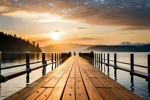 un' di legno molo conduce per un' lago a tramonto. ai-generato foto