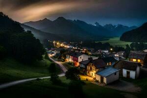 un' villaggio nel il montagne a notte. ai-generato foto