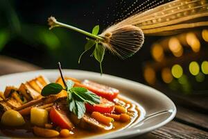 un' piatto con cibo su esso e un' fiore nel il aria. ai-generato foto