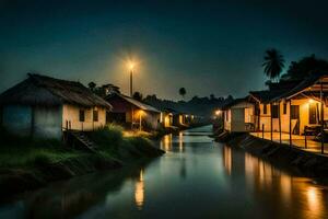 un' fiume a notte con case e un' leggero splendente su loro. ai-generato foto