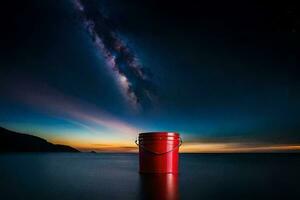 un' rosso secchio si siede su il acqua a notte. ai-generato foto