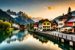 foto sfondo il cielo, montagne, acqua, lago, Casa, montagne, lago, casa,. ai-generato