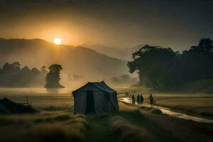un' tenda è impostato su su un' campo con persone a piedi di. ai-generato foto