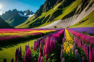 un' campo di fiori nel davanti di montagne. ai-generato foto