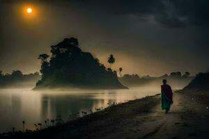 un' donna passeggiate lungo il riva di un' fiume a crepuscolo. ai-generato foto