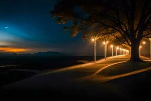un' strada leggero brilla su un' albero nel il mezzo di un' campo. ai-generato foto
