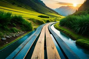 un' di legno passerella conduce per un' fiume nel il montagne. ai-generato foto