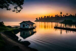 un' piccolo Casa si siede su il riva di un' lago a tramonto. ai-generato foto