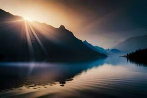 il sole brilla al di sopra di un' montagna lago e un' montagna gamma. ai-generato foto