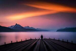 un' uomo sta su un' bacino guardare a il tramonto. ai-generato foto