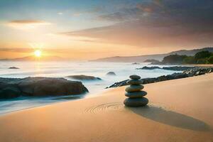 il spiaggia, tramonto, pietre, zen, equilibrio, il spiaggia, tramonto, pietre,. ai-generato foto