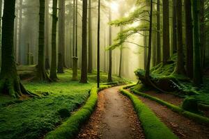un' sentiero attraverso un' verde foresta con alberi e muschio. ai-generato foto