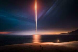 un' lungo linea di leggero è visto al di sopra di il oceano. ai-generato foto