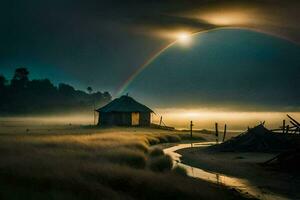 un' arcobaleno brilla al di sopra di un' capanna nel il nebbia. ai-generato foto