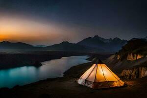 un' tenda nel il montagne a tramonto. ai-generato foto