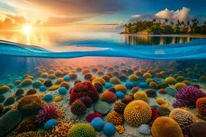 il sole imposta al di sopra di un' corallo scogliera e un' tropicale isola. ai-generato foto