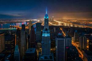 il impero stato edificio è illuminato su nel blu a notte. ai-generato foto