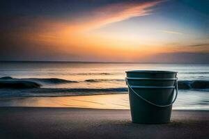 un' secchio su il spiaggia a tramonto. ai-generato foto