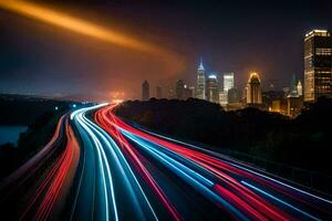 un' lungo esposizione foto di traffico su un' autostrada a notte. ai-generato