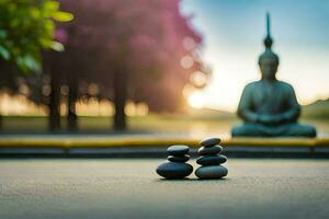 Budda statua nel il sfondo con pietre e ciottoli. ai-generato foto