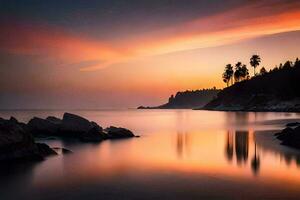 un' bellissimo tramonto al di sopra di il oceano con rocce e palma alberi. ai-generato foto