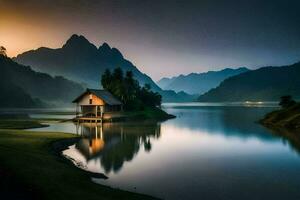 un' piccolo Casa si siede su il bordo di un' lago a tramonto. ai-generato foto