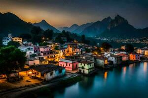 un' cittadina di il acqua a notte. ai-generato foto