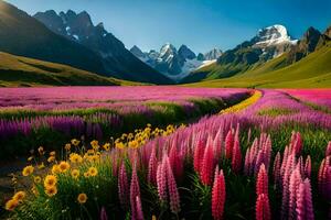 un' campo di fiori e montagne nel il sfondo. ai-generato foto