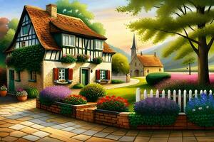 un' pittura di un' Casa e giardino con fiori. ai-generato foto
