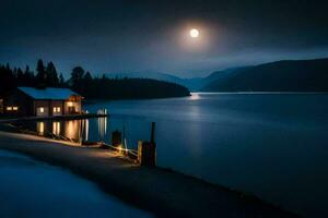 un' cabina si siede su il riva di un' lago a notte. ai-generato foto