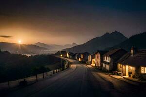 foto sfondo il cielo, strada, montagne, villaggio, strada, il sole, strada, il. ai-generato