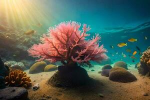 un' corallo scogliera con rosa mare anemone e pesce. ai-generato foto