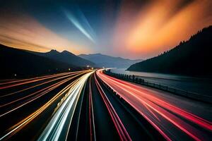 un' lungo esposizione fotografia di un' autostrada a notte. ai-generato foto