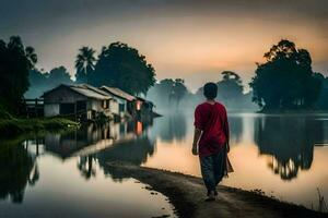 un' uomo passeggiate lungo il fiume a Alba. ai-generato foto