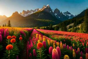 un' campo di fiori e montagne a tramonto. ai-generato foto