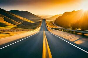 un' autostrada con il sole ambientazione dietro a esso. ai-generato foto