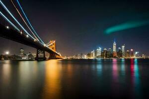 il città orizzonte a notte con il ponte e luci. ai-generato foto