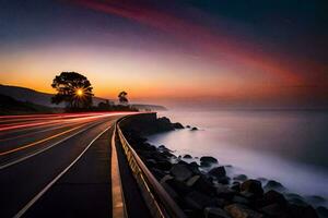 un' lungo esposizione fotografia di un' strada e oceano a tramonto. ai-generato foto