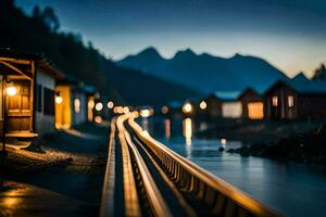 un' treno traccia nel il sera con luci Su. ai-generato foto